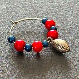 Wine glass tag, stainless steel hoop, red/navy blue beads, football charm
